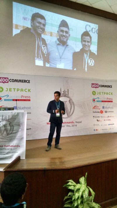 Sakin talking about WordCamp kathmandu