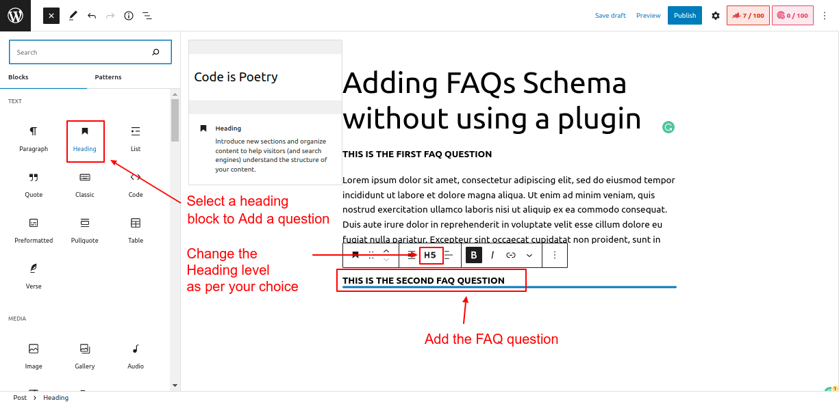 Add an FAQ question to the post using inbuilt Gutenberg blocks
