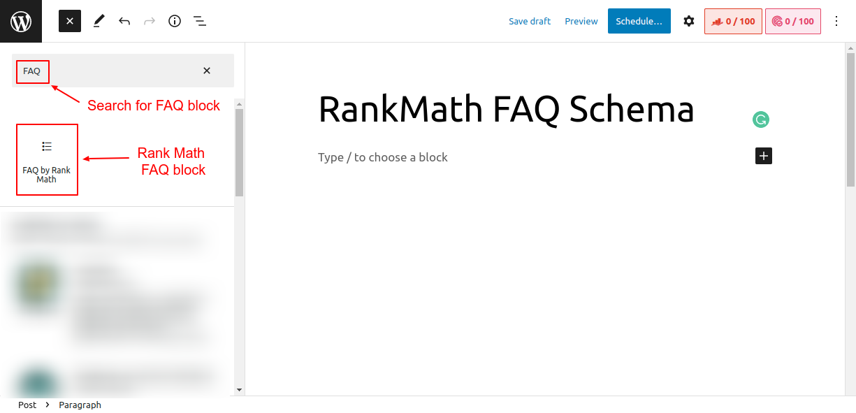 Search and add Rank Math FAQ block to the post