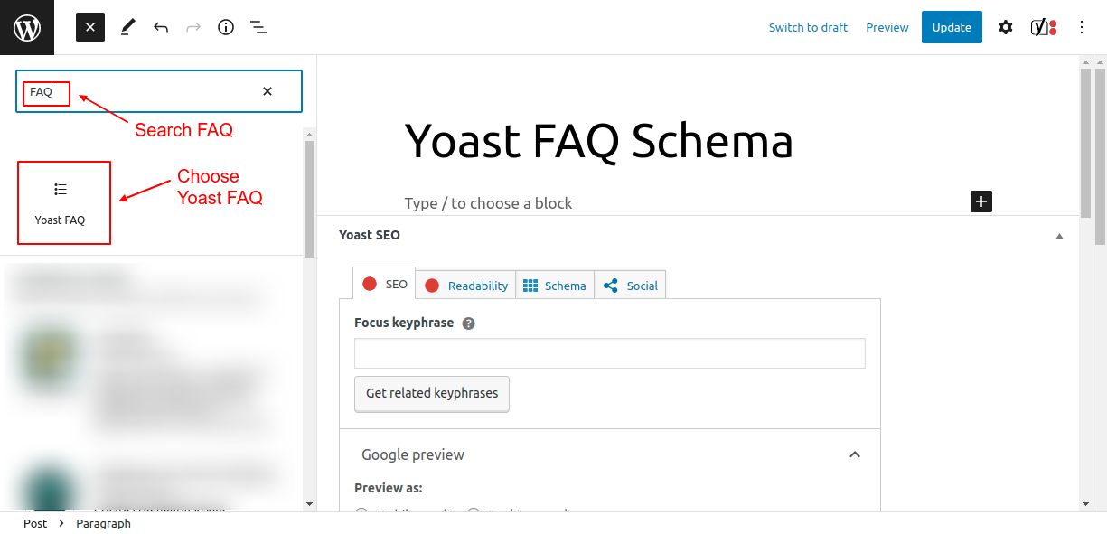 Search and add a Yoast FAQ block to the post