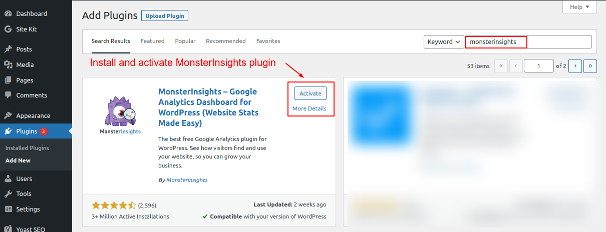 Install and activate the MonsterInsights plugin