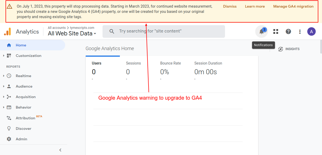 Migrate to GA4 warning message